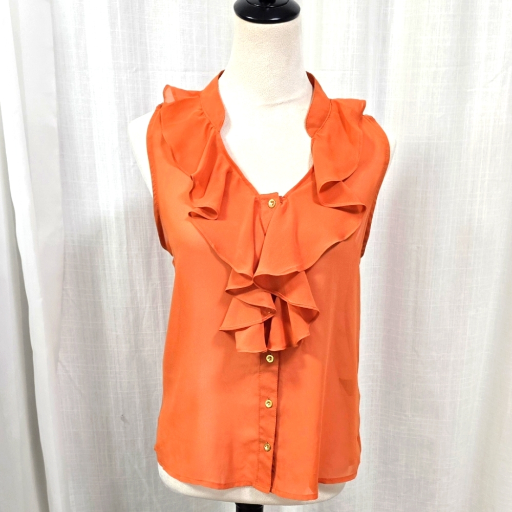 2/$30‎ MINE Orange Ruffled Sheer Sleeveless Blouse Womens Size M Summer Vacation